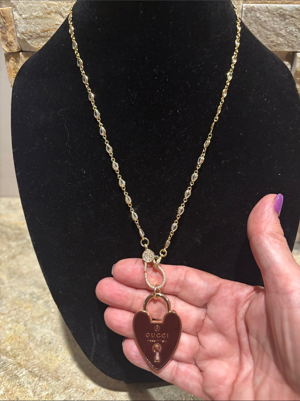 Gorgeous GG Brown Enamel Heart Padlock Necklace with Gold & Crystal Chain